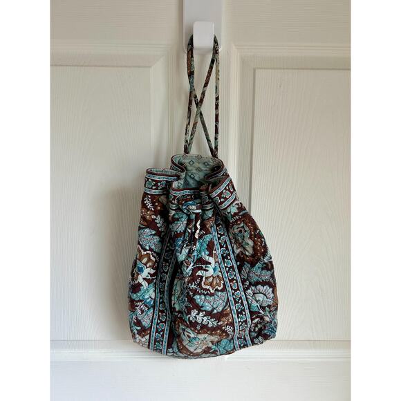 Vintage Blue and Brown Paisley Quilted Drawstring Backpack | Prairiecore Boho - Picture 1 of 5